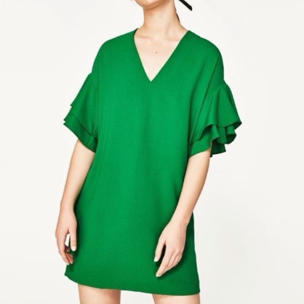 Zara Green Ruffle Sleeve Mini Dress